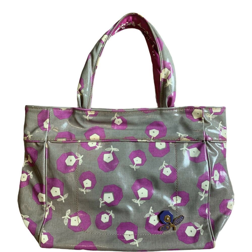 Juicy Couture Tote Vinyl Gray Purple White Flowers Bag Leather Trim